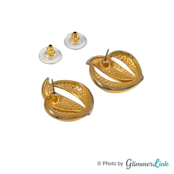 Vintage 80s Navy & Cream Enamel Feather Wave Gold Tone Stud Pierced Earrings - Picture 6 of 8